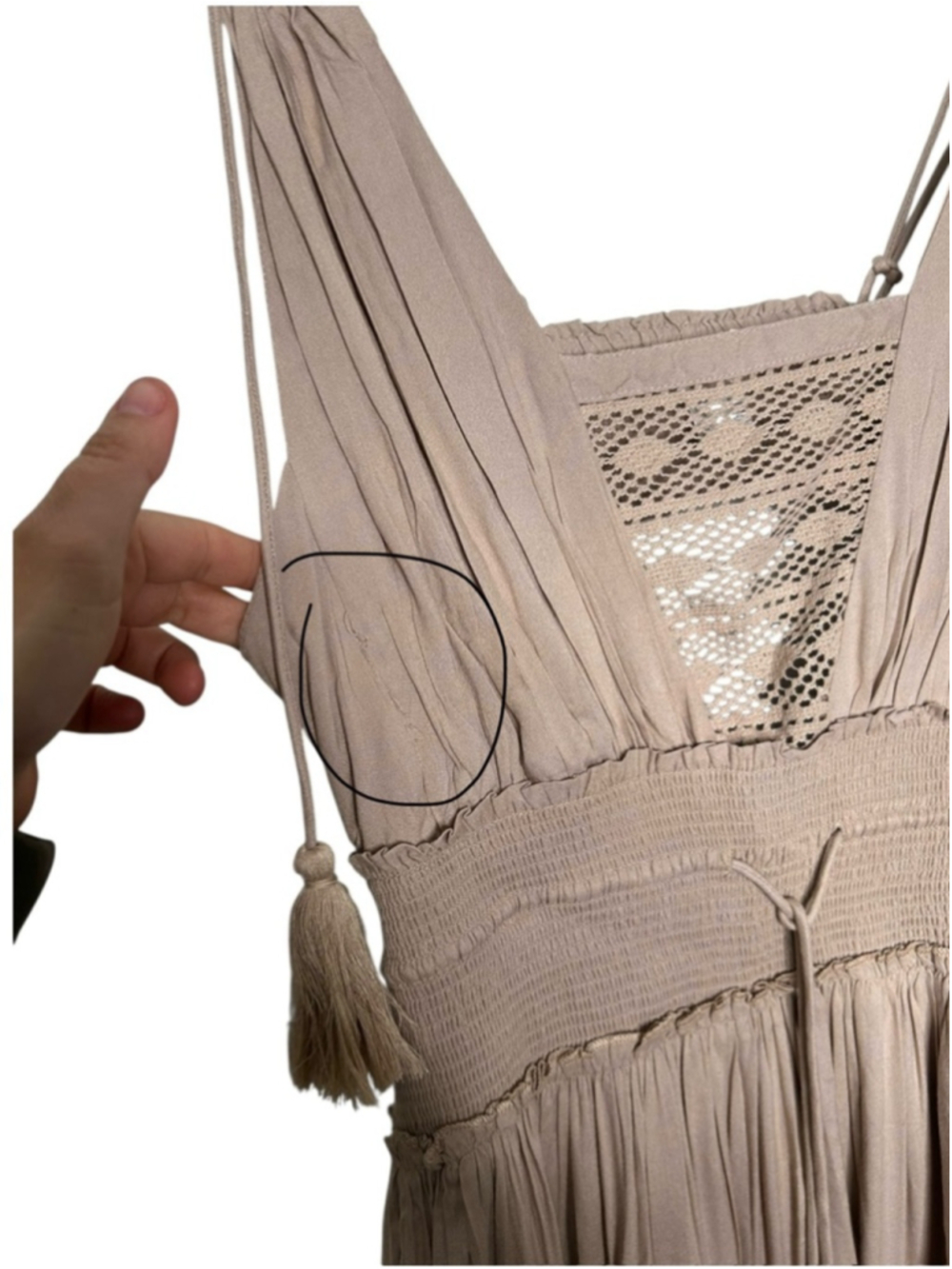 Venus Women’s Beige Tassel Ruffle Lace Smocked Waist Boho Maxi Dress Size Large - Picture 11 of 11